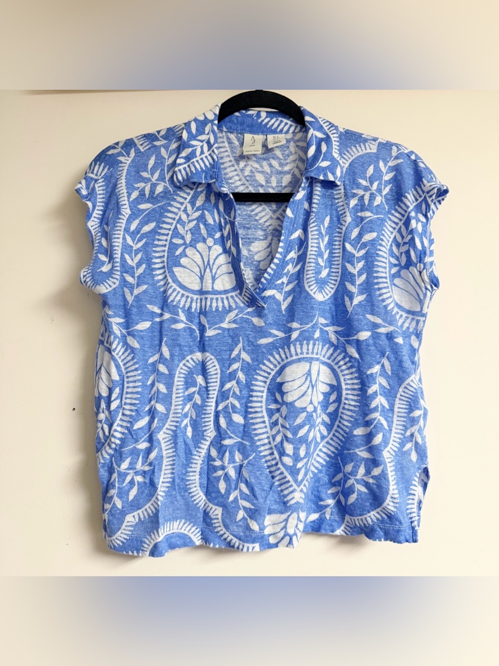 Joie Blue & White 100% Linen Paisley Floral Collared Top Size Small